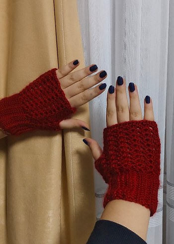 Kadın Kırmızı Örgü Parmaksız Eldiven - Görsel 5