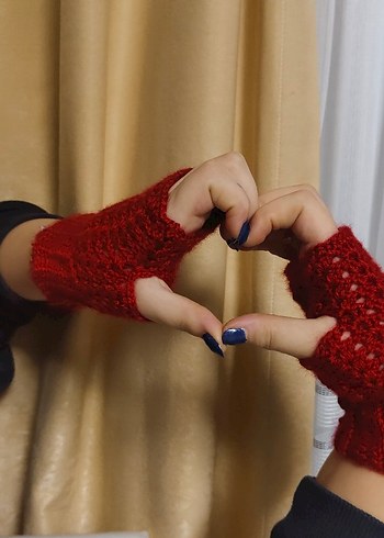 Kadın Kırmızı Örgü Parmaksız Eldiven - Görsel 6