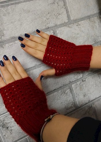 Kadın Kırmızı Örgü Parmaksız Eldiven - Görsel 4