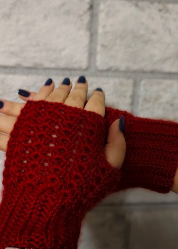 Kadın Kırmızı Örgü Parmaksız Eldiven - Görsel 8