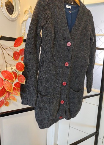 Düğmeli Gri Midi Yün Kadın Hırka - Görsel 6