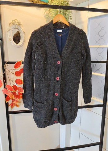 Düğmeli Gri Midi Yün Kadın Hırka - Görsel 3