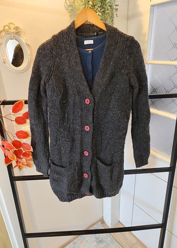 Düğmeli Gri Midi Yün Kadın Hırka - Görsel 5