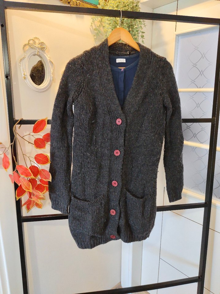 Düğmeli Gri Midi Yün Kadın Hırka - Görsel 3