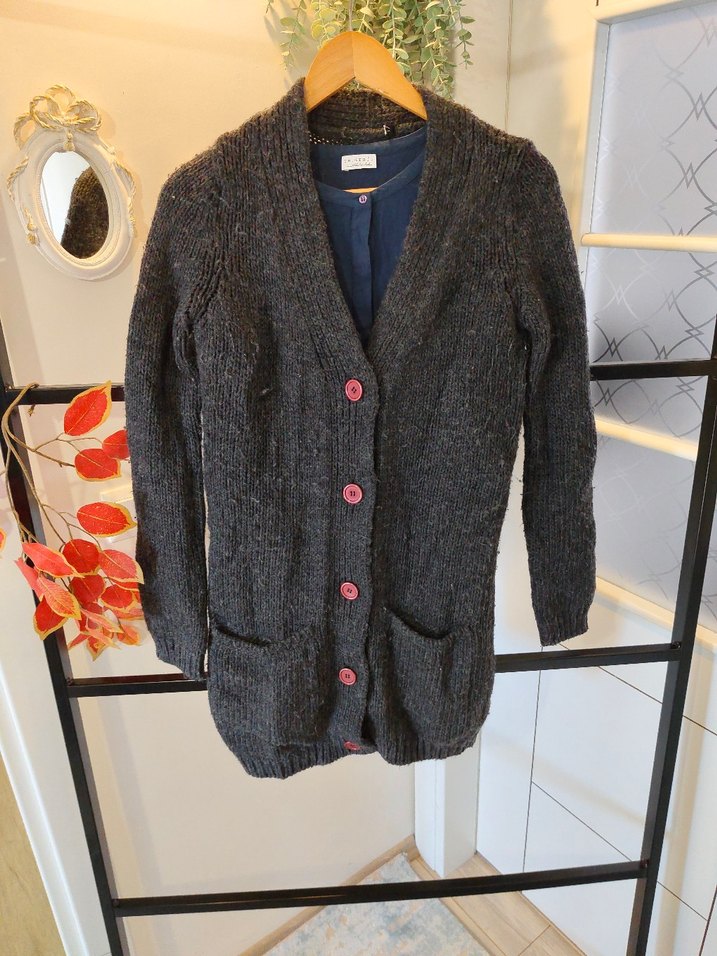 Düğmeli Gri Midi Yün Kadın Hırka - Görsel 5