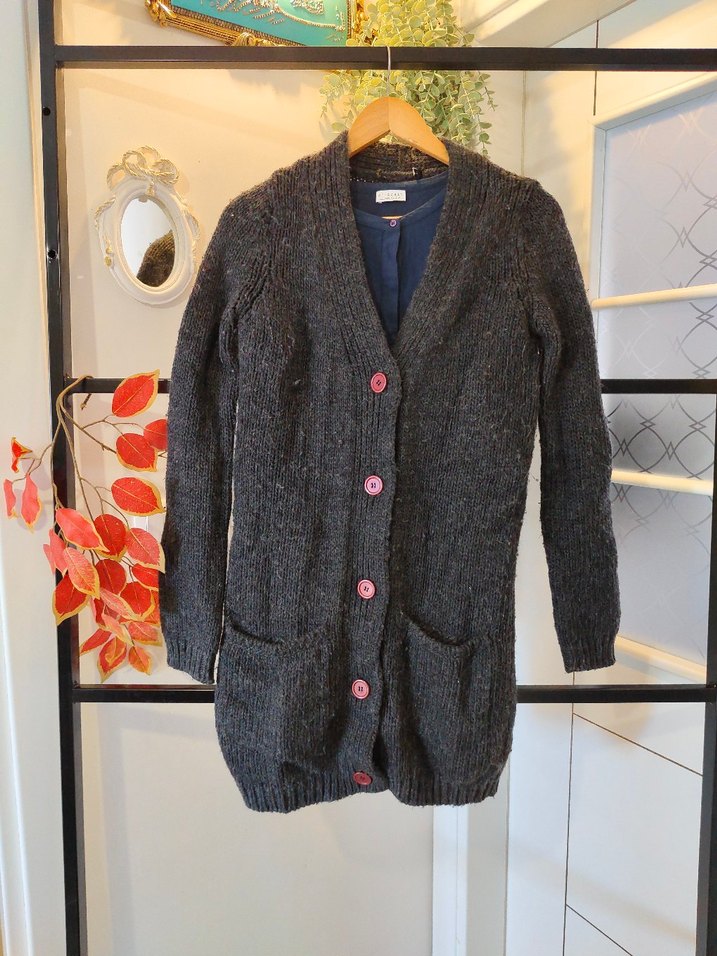 Düğmeli Gri Midi Yün Kadın Hırka - Görsel 2