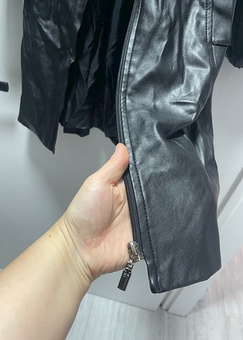 Kadın Siyah Deri Uzun Kürklü Ceket - Görsel 8