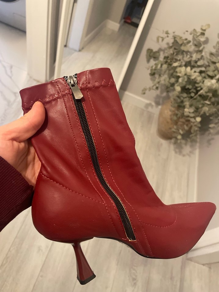 Bordo Deri Stiletto Topuklu Kadın Bot - Görsel 4