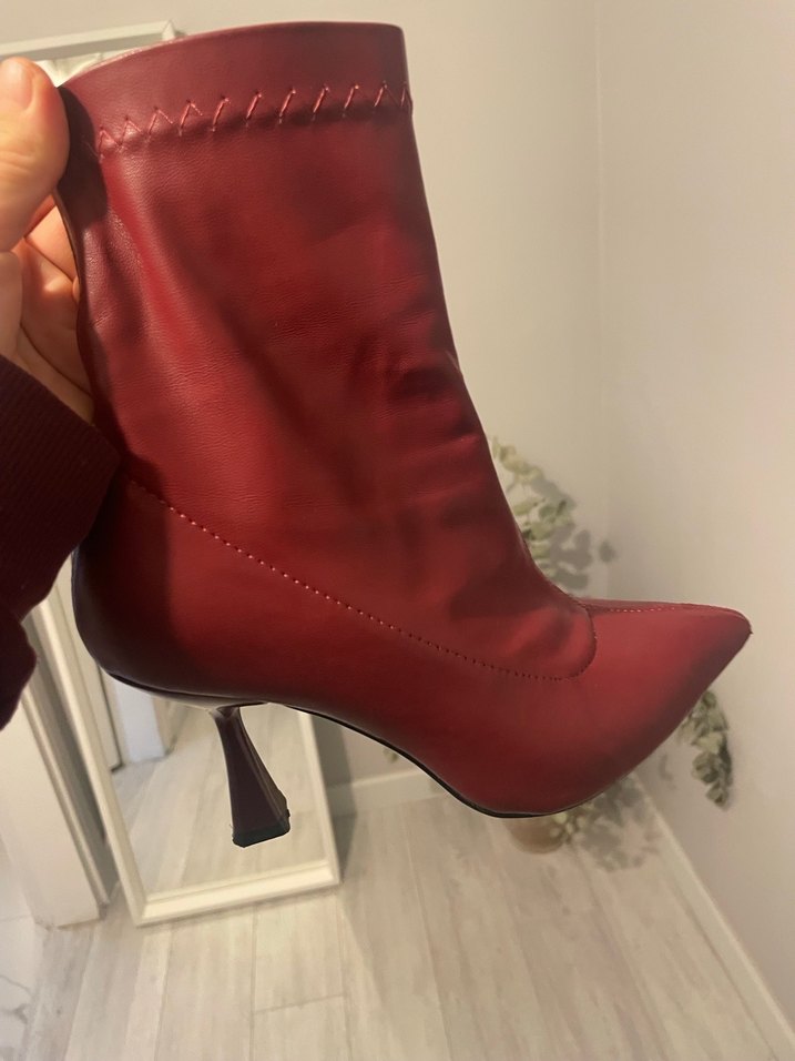 Bordo Deri Stiletto Topuklu Kadın Bot - Görsel 3