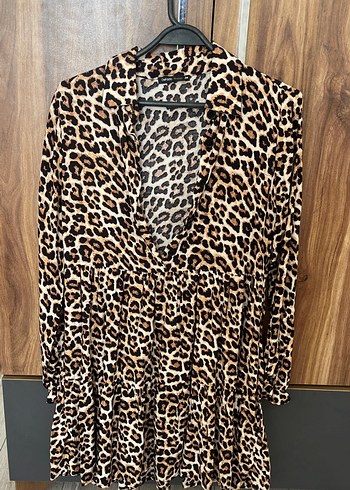 Kahverengi Leopar Desenli Uzun Kollu Tunik