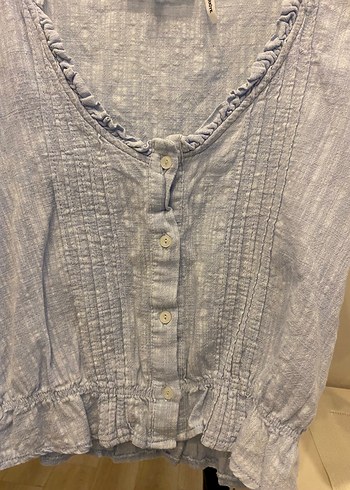 Mavi Keten V Yaka Düğmeli Kadın Bluz - Görsel 5