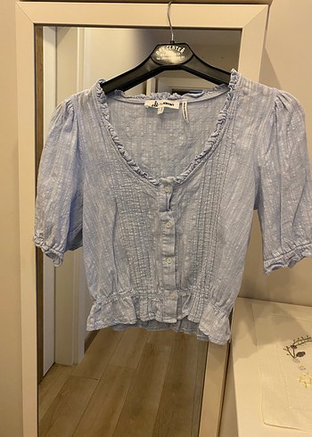 Mavi Keten V Yaka Düğmeli Kadın Bluz - Görsel 4