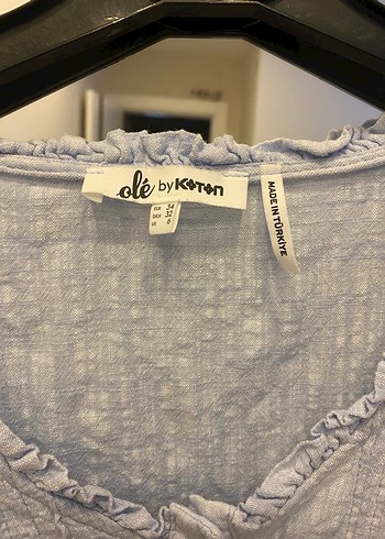 Mavi Keten V Yaka Düğmeli Kadın Bluz - Görsel 3