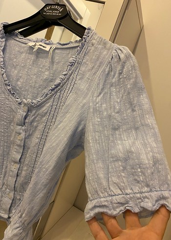 Mavi Keten V Yaka Düğmeli Kadın Bluz - Görsel 2