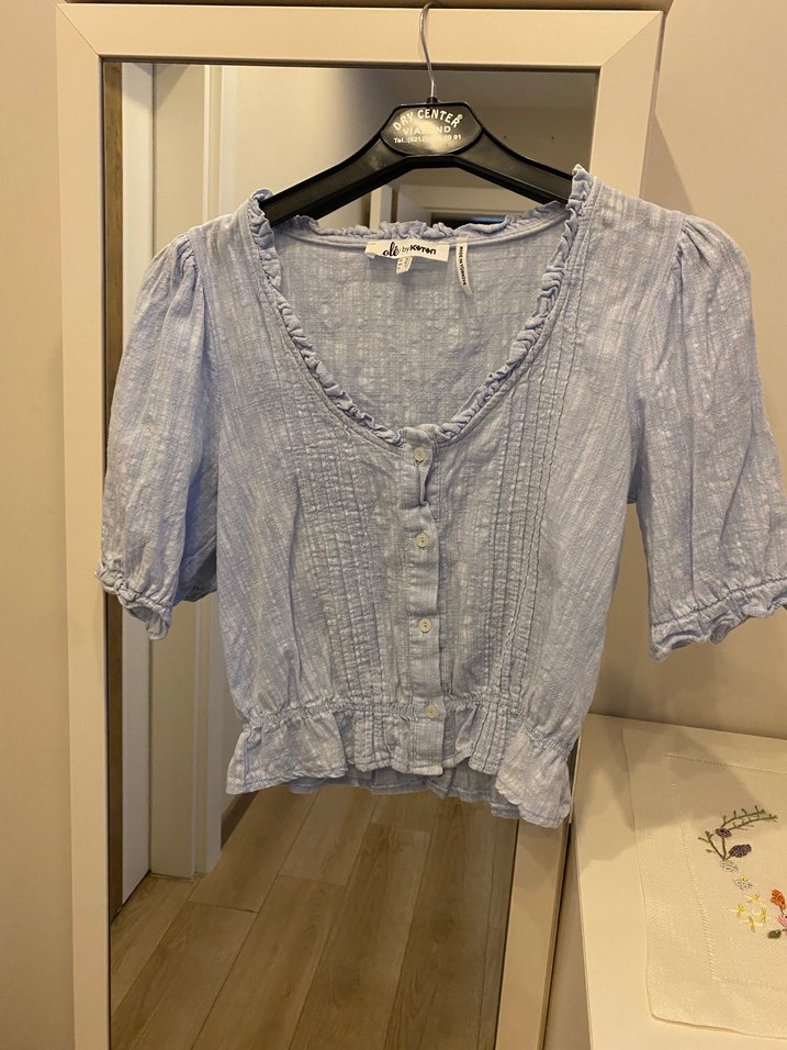 Mavi Keten V Yaka Düğmeli Kadın Bluz - Görsel 4