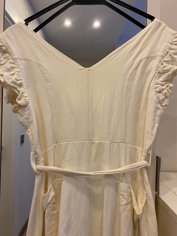 V Yaka Beyaz Midi elbise - Görsel 5