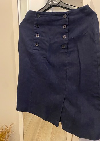 Düğmeli Lacivert Midi Keten Kadın Etek - Görsel 2