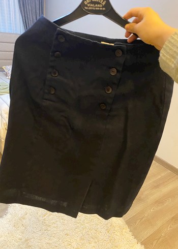 Düğmeli Lacivert Midi Keten Kadın Etek - Görsel 4