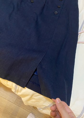 Düğmeli Lacivert Midi Keten Kadın Etek - Görsel 6