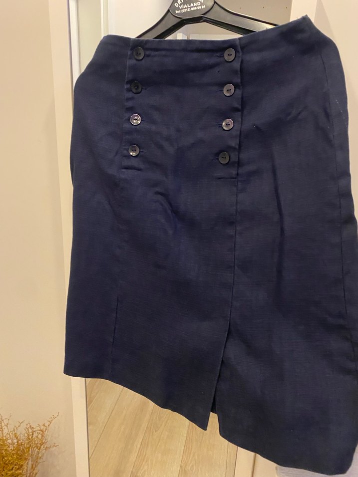 Düğmeli Lacivert Midi Keten Kadın Etek - Görsel 2