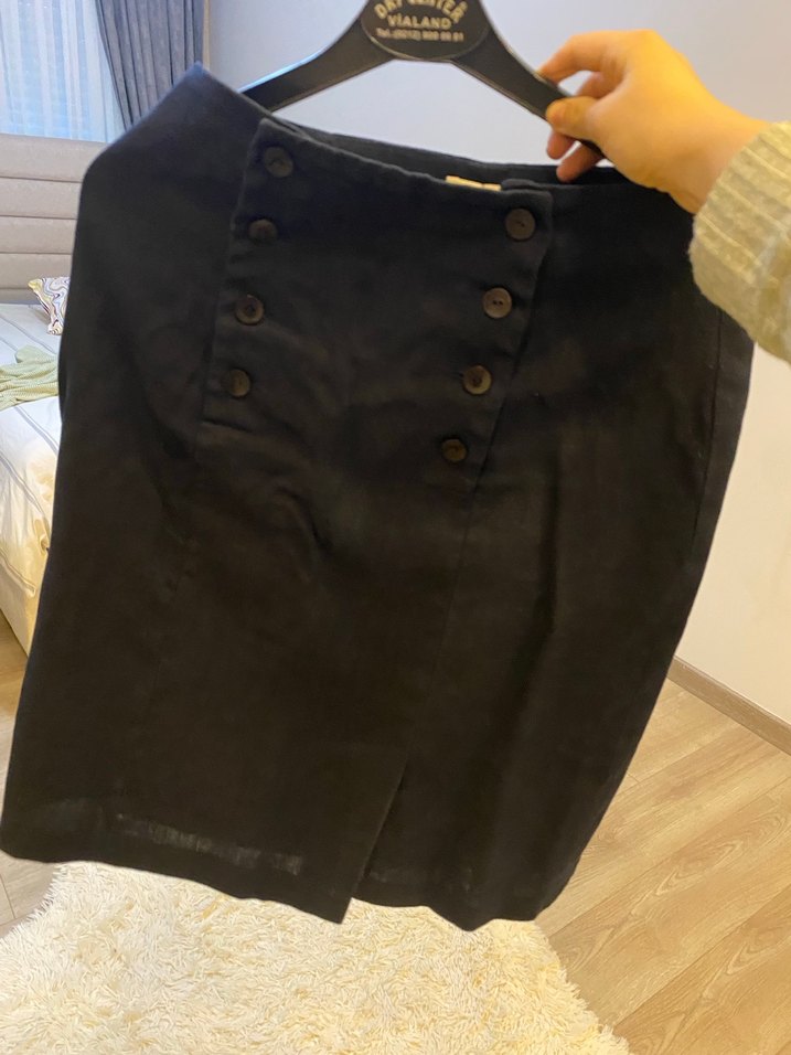 Düğmeli Lacivert Midi Keten Kadın Etek - Görsel 4