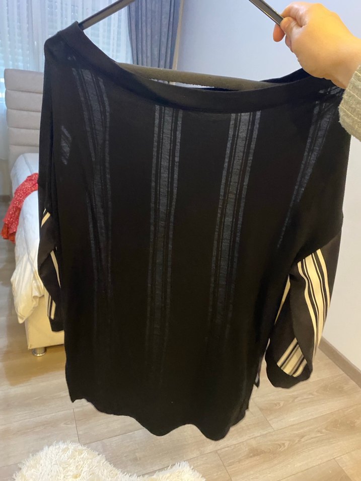 Siyah Beyaz Çizgili Salaş Kadın Bluz - Görsel 5