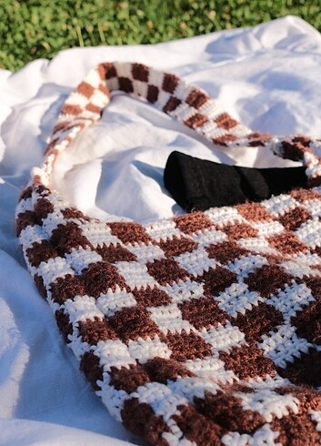 Dama Desenli Örgü Crochet Checkered Bag Kahverengi Omuz Çantası 