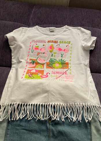 Beyaz Baskılı Kız Tişörtü - Kısa Kollu - Görsel 3