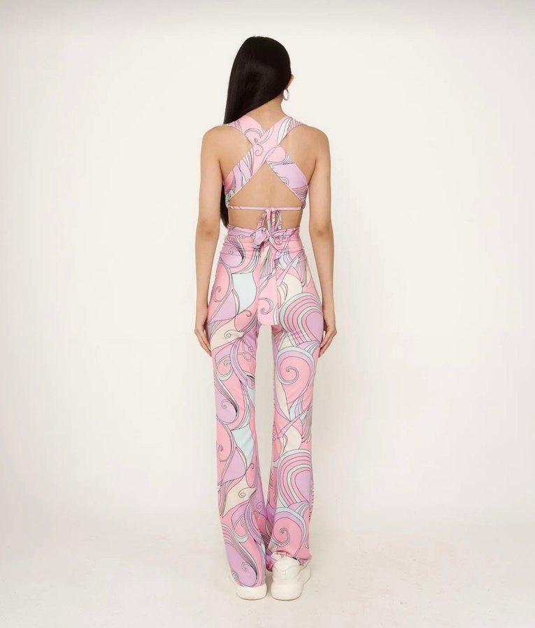 Pembe Bağlama Desenli Kadın İspanyol Paça Pantolon Takım - Görsel 4