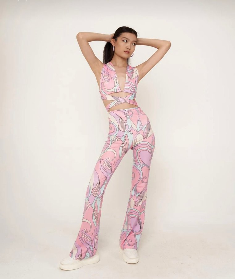 Pembe Bağlama Desenli Kadın İspanyol Paça Pantolon Takım - Görsel 3