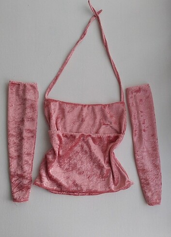 Diğer Mini pembe kadife crop kolluk yok