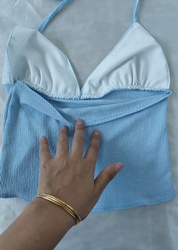 Diğer Mavi Denim Mini V Yakalı Askılı Bustiyer