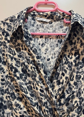 Stradivarius L beden Leopar Pamuk Saten Kruvaze Elbise - Görsel 3