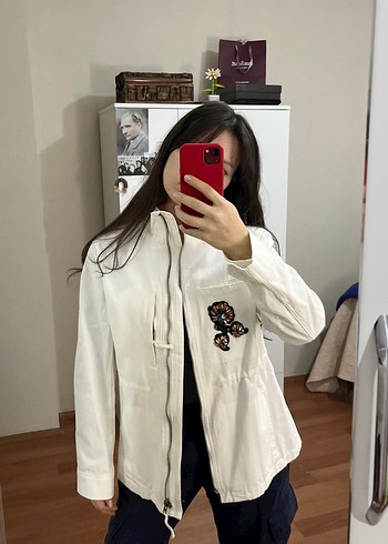 Nakışlı Beyaz Pamuklu Kadın Ceket - Görsel 5