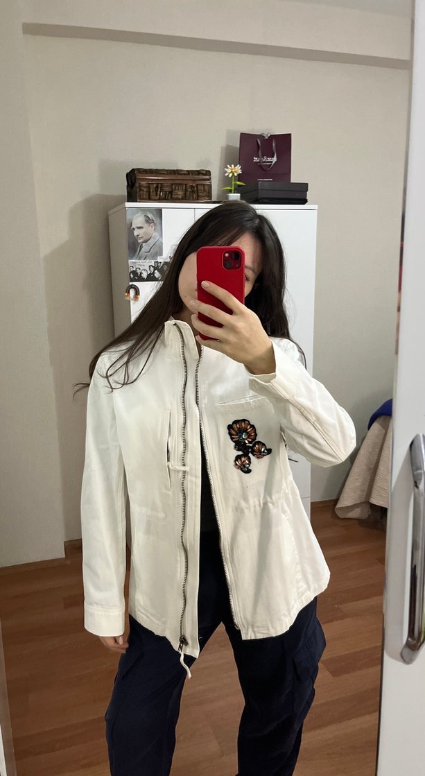 Nakışlı Beyaz Pamuklu Kadın Ceket - Görsel 5