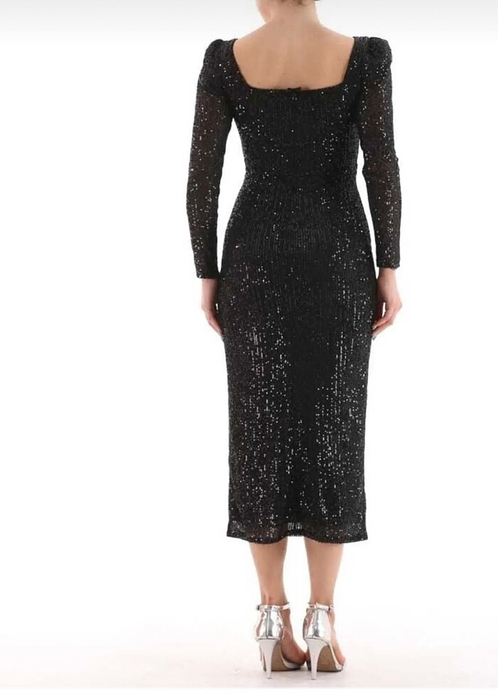 Kare Yaka Pul Payetli Abiye Elbise - Görsel 2