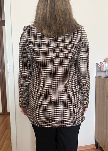Düğmeli Kahverengi Ekose Kadın Blazer - Görsel 4