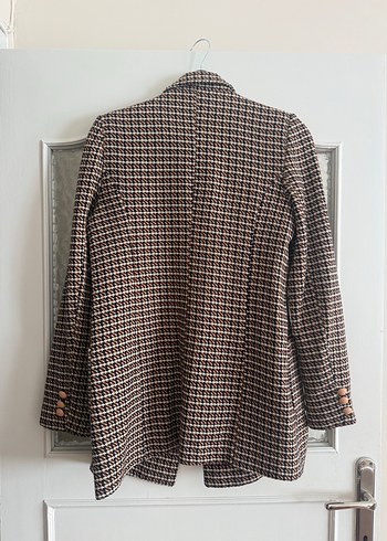 Düğmeli Kahverengi Ekose Kadın Blazer - Görsel 2