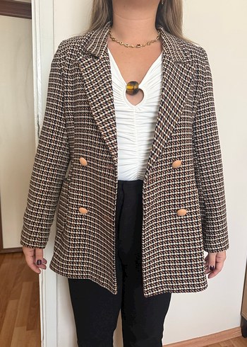 Düğmeli Kahverengi Ekose Kadın Blazer - Görsel 3