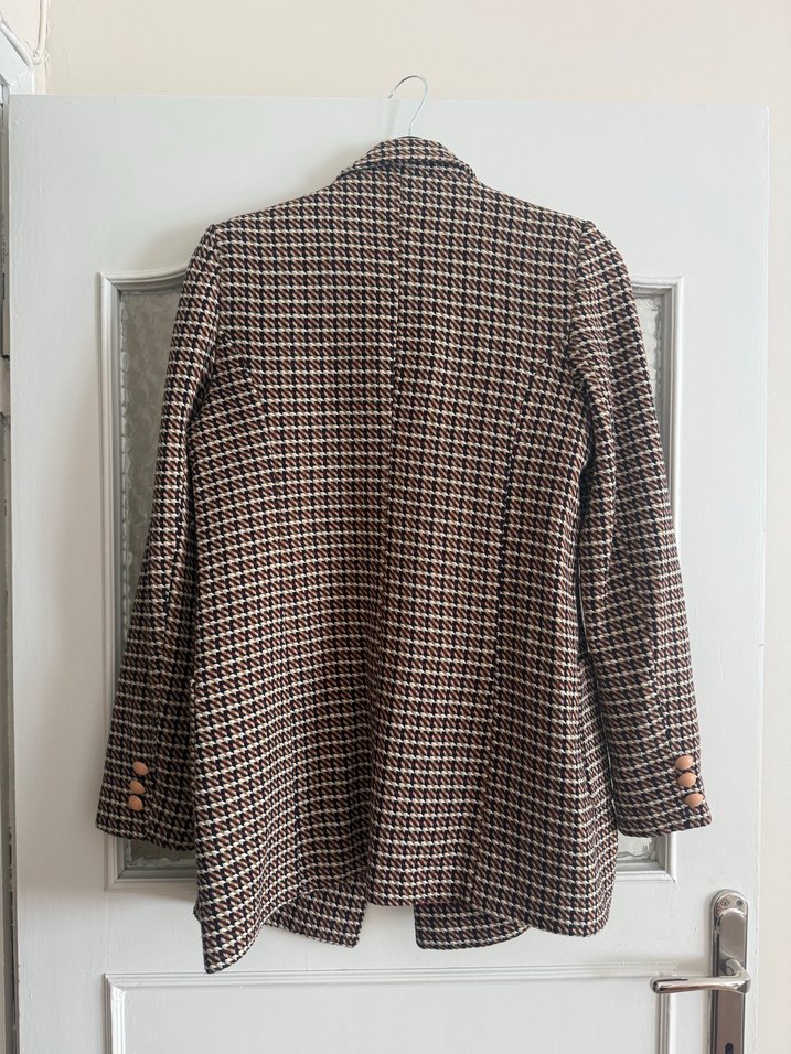 Düğmeli Kahverengi Ekose Kadın Blazer - Görsel 2