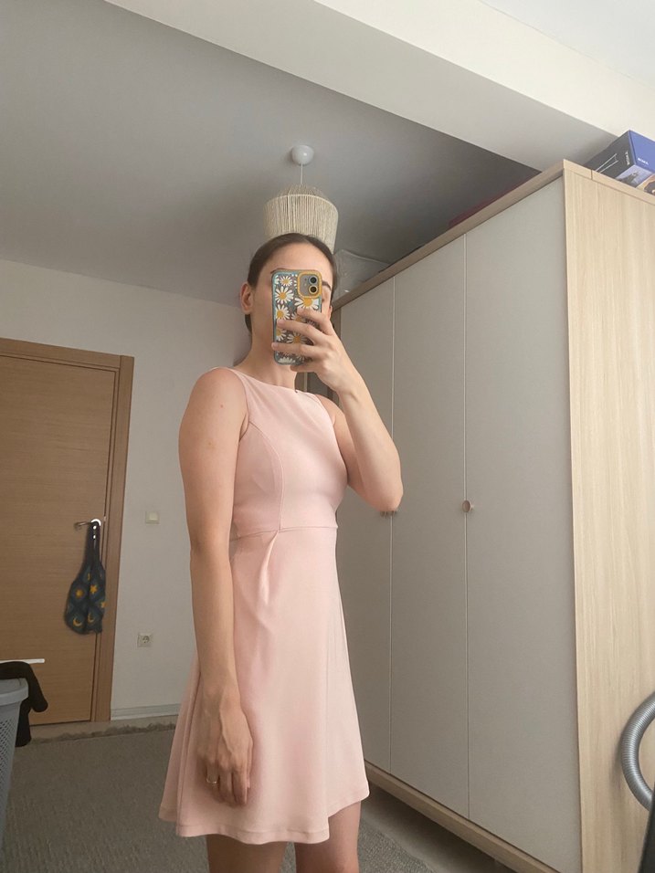 Pembe Midi Straplez Kadın Mezuniyet Elbisesi - Görsel 3