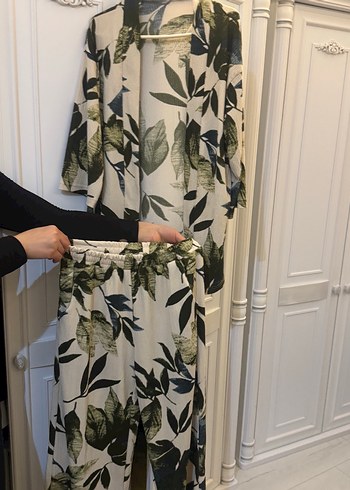 Bohem Tarz Uzun Keten Desenli Kadın Kimono takım - Görsel 2