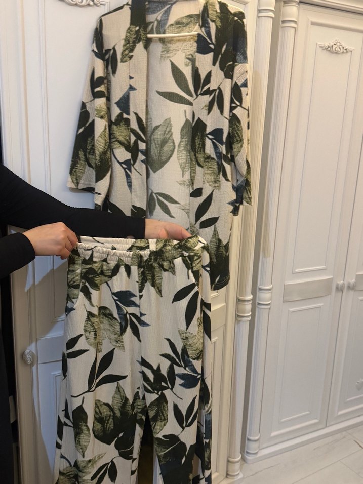 Bohem Tarz Uzun Keten Desenli Kadın Kimono takım - Görsel 2