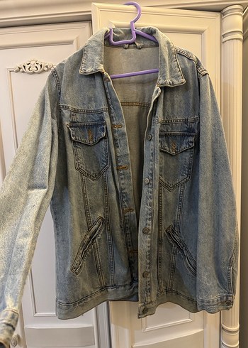 Gri Kadın Denim Ceket, Düğmeli, Salaş Kesim - Görsel 3