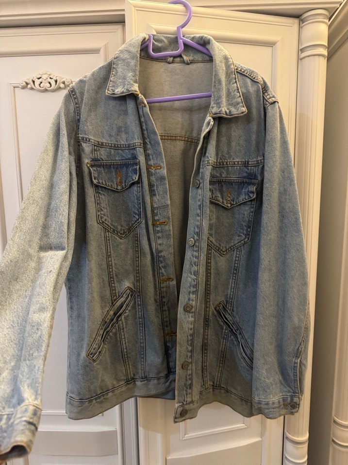 Gri Kadın Denim Ceket, Düğmeli, Salaş Kesim - Görsel 4