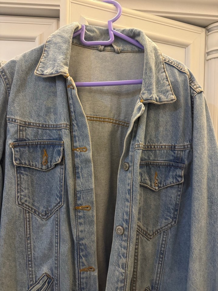 Gri Kadın Denim Ceket, Düğmeli, Salaş Kesim - Görsel 2