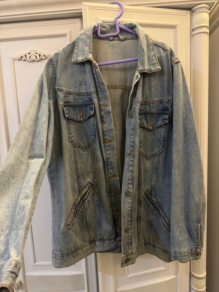 Gri Kadın Denim Ceket, Düğmeli, Salaş Kesim - Görsel 3