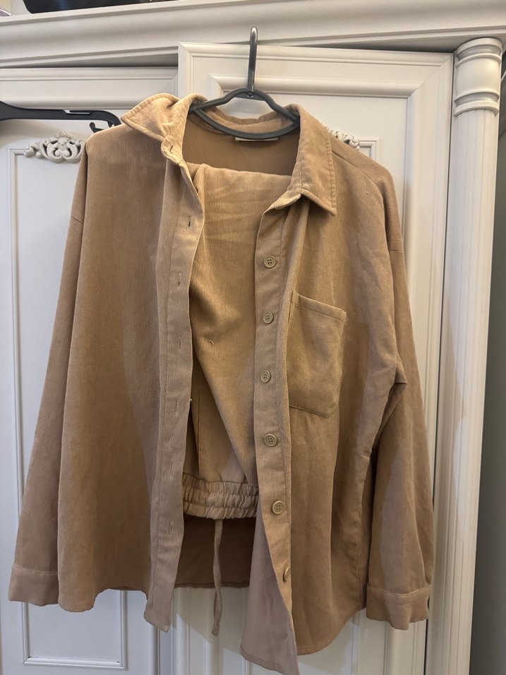 Bej Düğmeli Kadın Keten Gömlek pantolon - Görsel 3