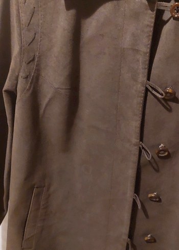 Düğmeli Bej Süet Kadın Deri Ceket - Görsel 2