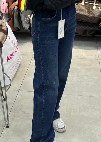 xs Beden mavi Renk Kadın mavi taşlı parlak jean pantolon